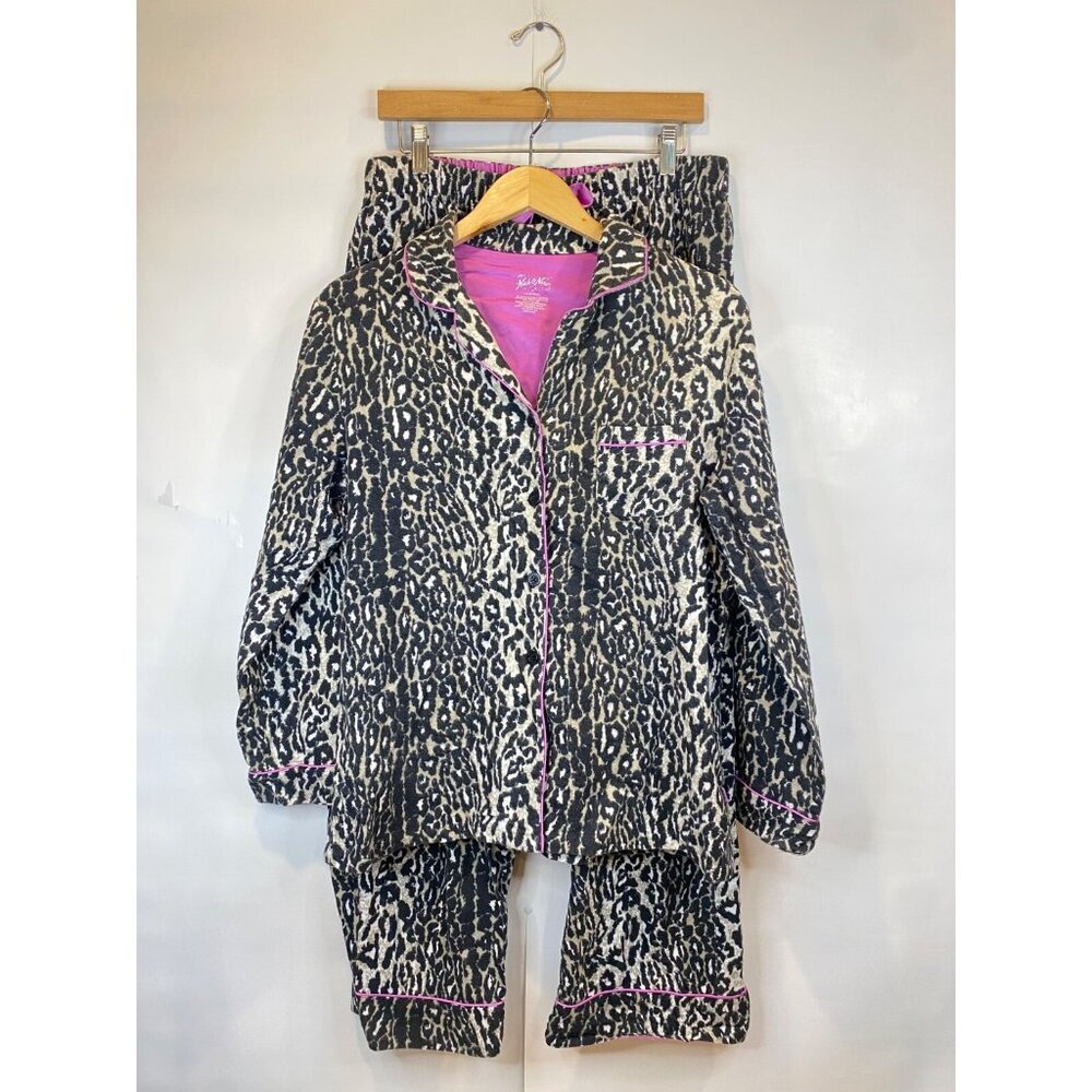 Nick & Nora Flannel Pajama Set Black Leopard Animal Print Purple Size Medium